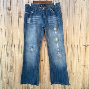 Clash Jeans 13 Distressed Patchwork Floral Embroidered Flare Y2K Boho Denim